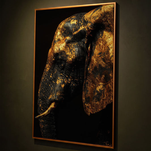Gilded Elephant Close-Up Canvas shown in antique gold floating frame