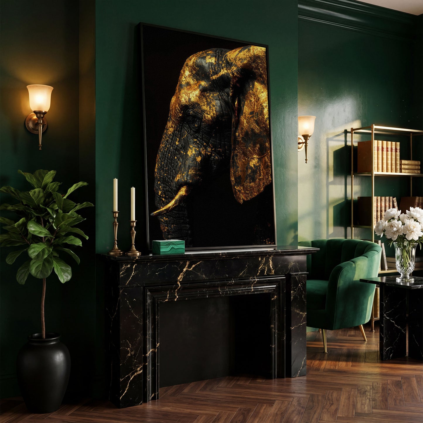 Gilded Elephant Close-Up Canvas in black floating frame