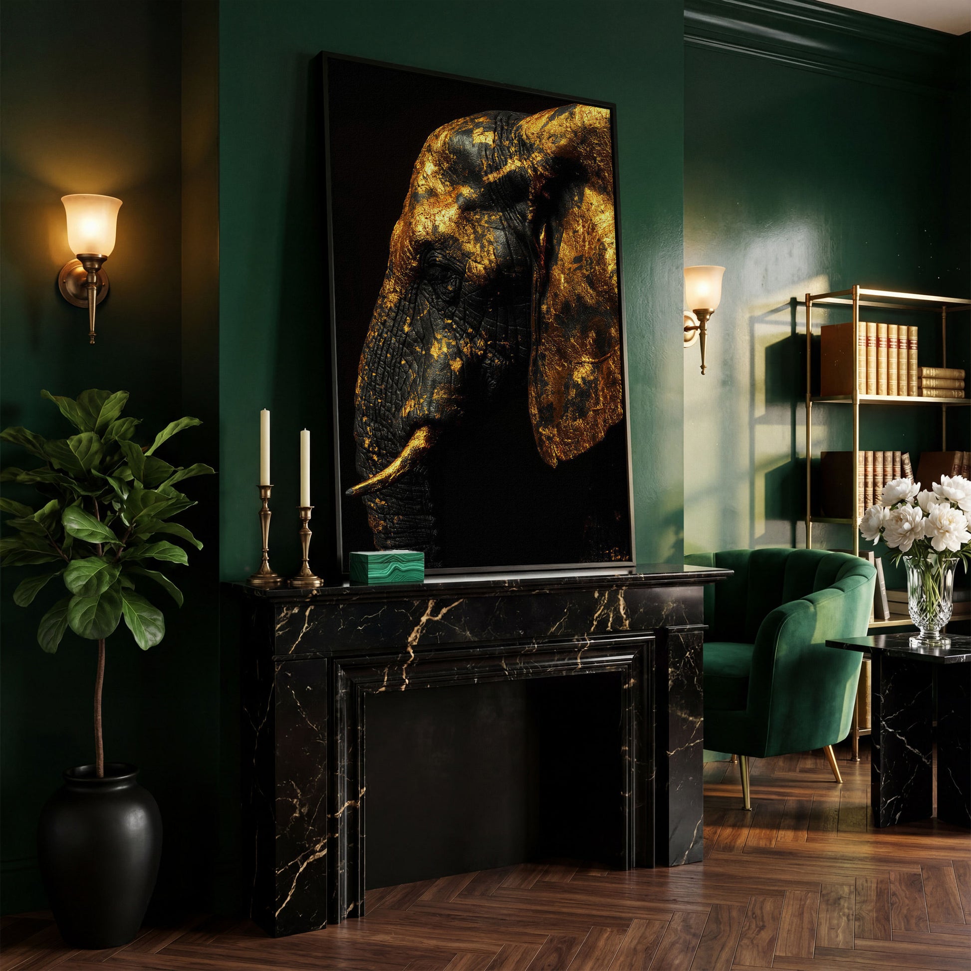 Gilded Elephant Close-Up Canvas in black floating frame