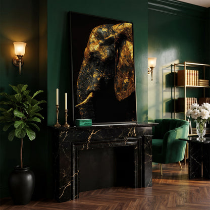 Gilded Elephant Close-Up Canvas in black floating frame