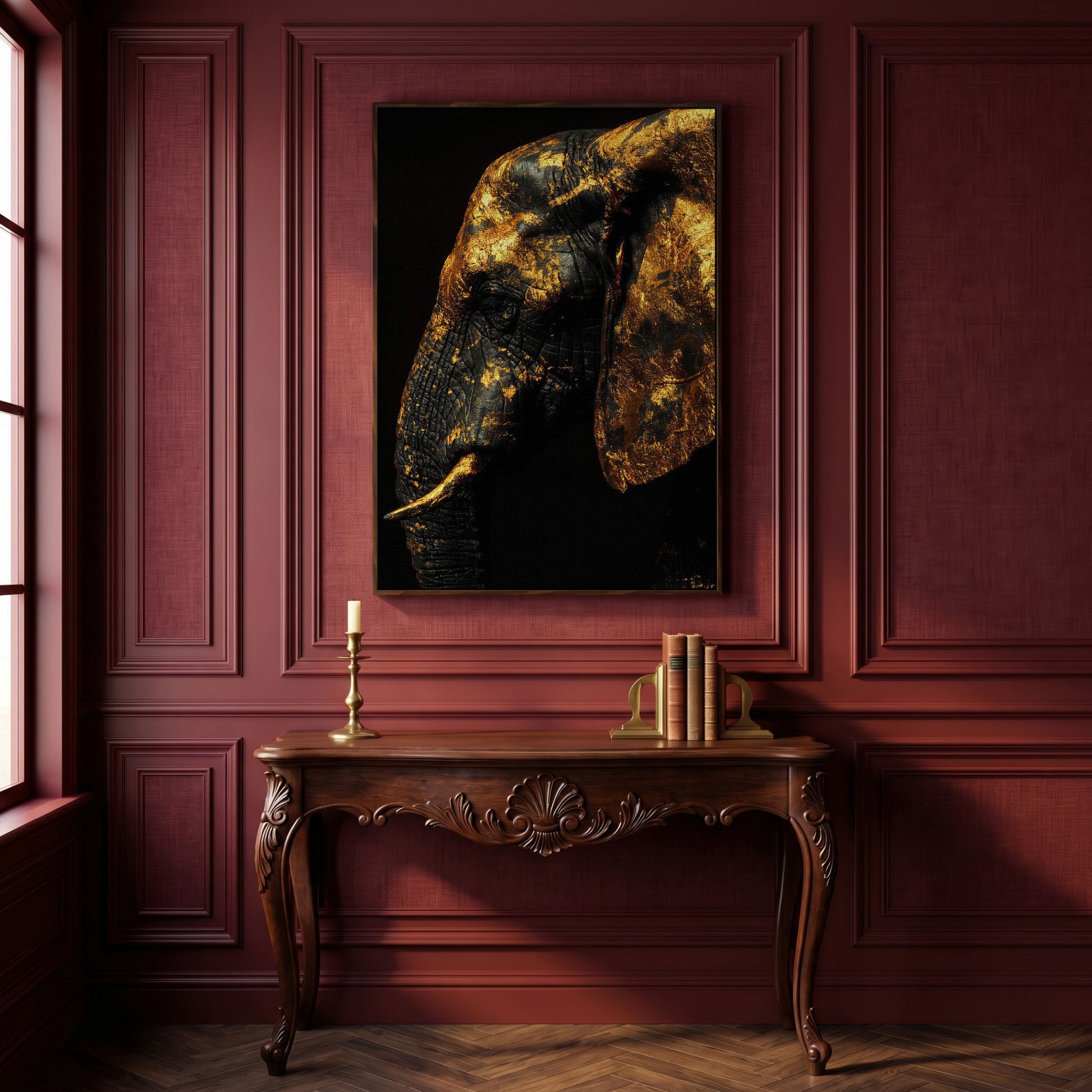 Gilded Elephant Close-Up Canvas in dark walnut floating frame