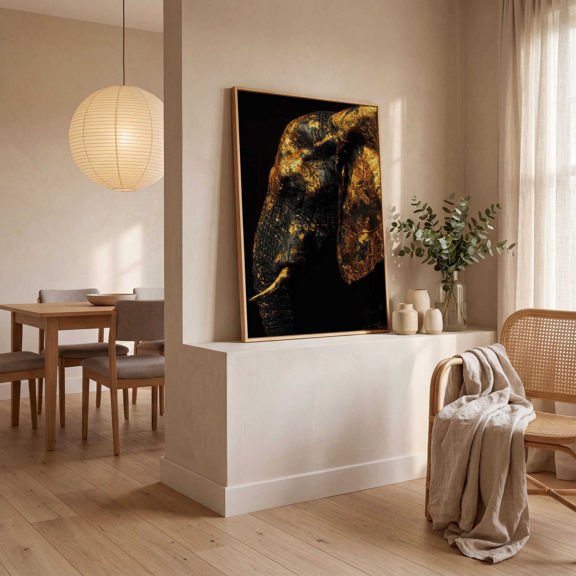Gilded Elephant Close-Up Canvas in white oak floating frame