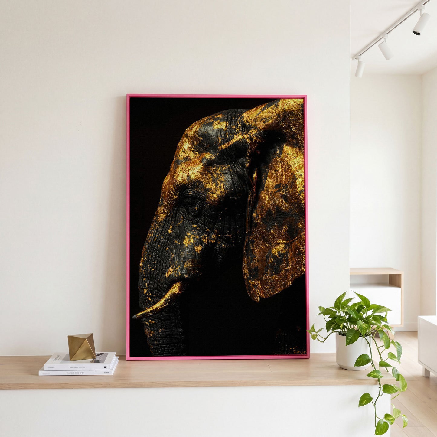 Gilded Elephant Close-Up Canvas in pink floating frame