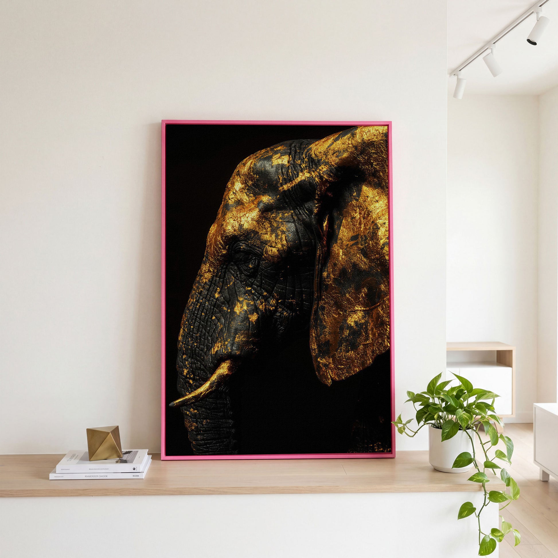 Gilded Elephant Close-Up Canvas in pink floating frame