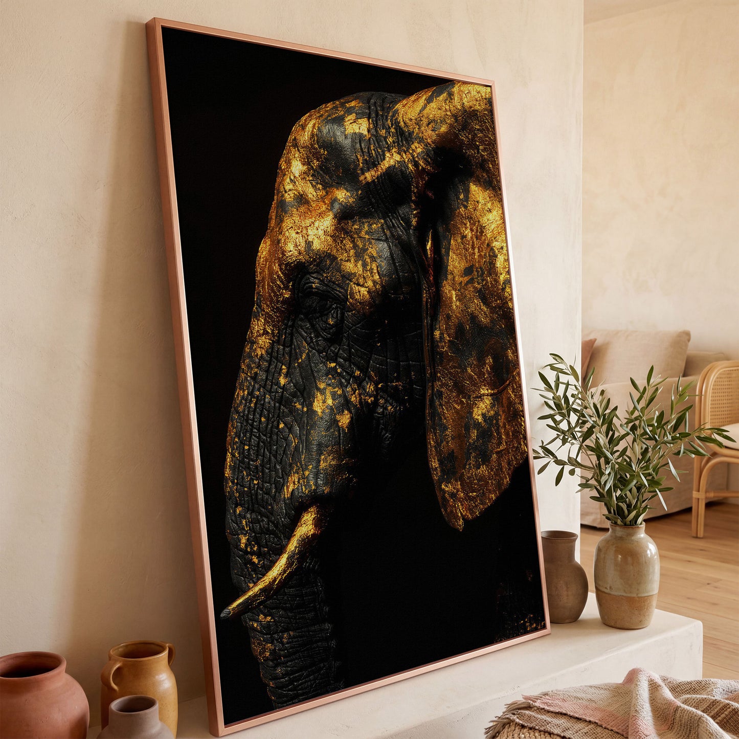 Gilded Elephant Close-Up Canvas in rose gold floating frame
