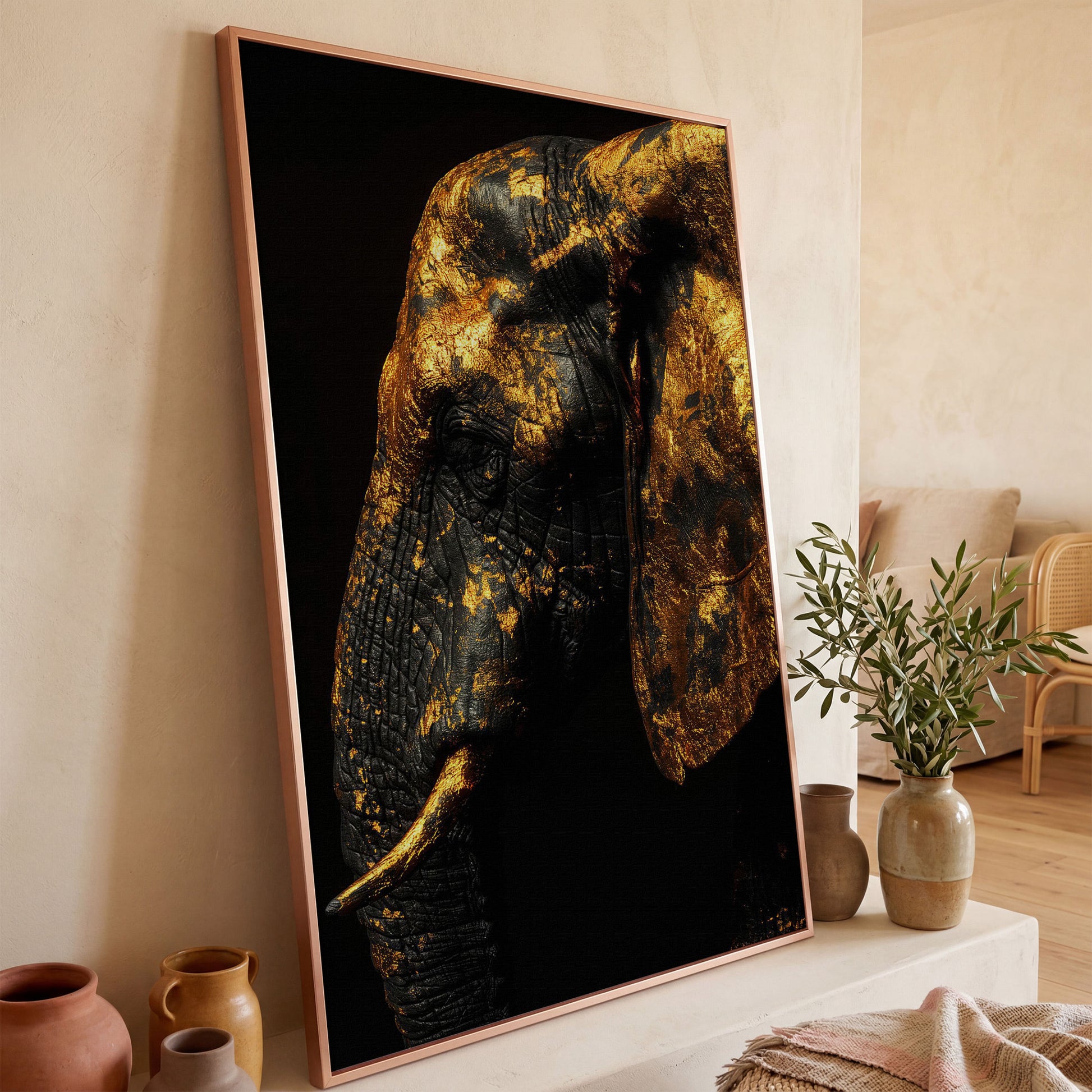 Gilded Elephant Close-Up Canvas in rose gold floating frame