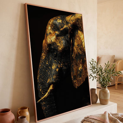 Gilded Elephant Close-Up Canvas in rose gold floating frame