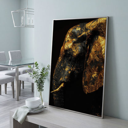 Gilded Elephant Close-Up Canvas in silver floating frame