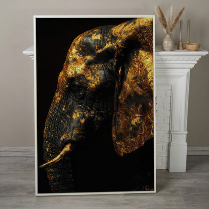 Gilded Elephant Close-Up Canvas in white floating frame