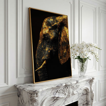 Gilded Elephant Close-Up Canvas in yellow gold floating frame
