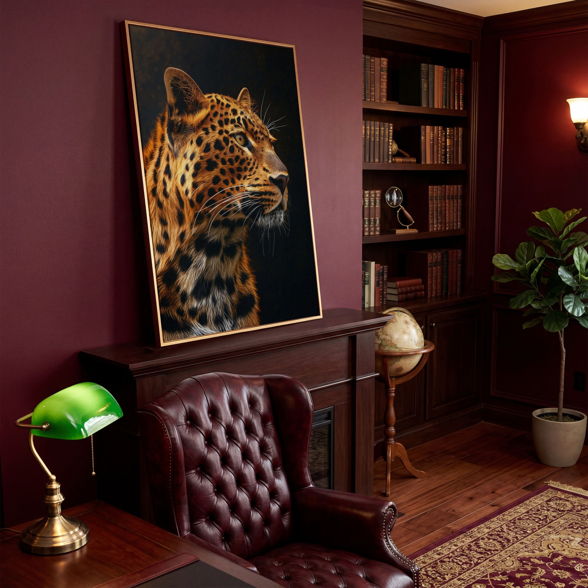 Leopard's Intense Gaze Canvas Print in antique gold floating frame