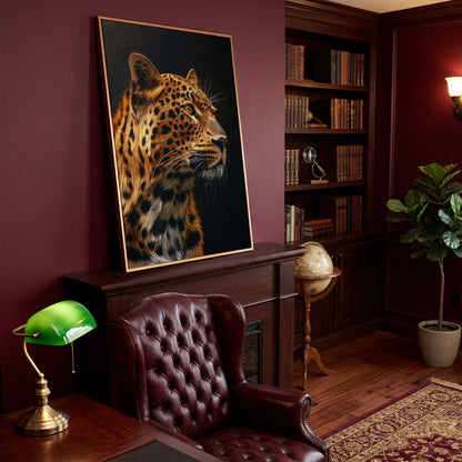 Leopard's Intense Gaze Canvas Print in antique gold floating frame
