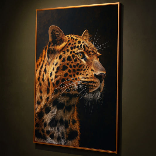 Leopard's Intense Gaze Canvas Print shown in antique gold floating frame
