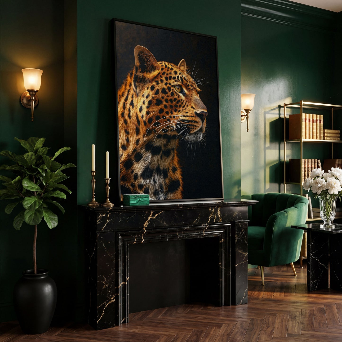 Leopard's Intense Gaze Canvas Print in black floating frame