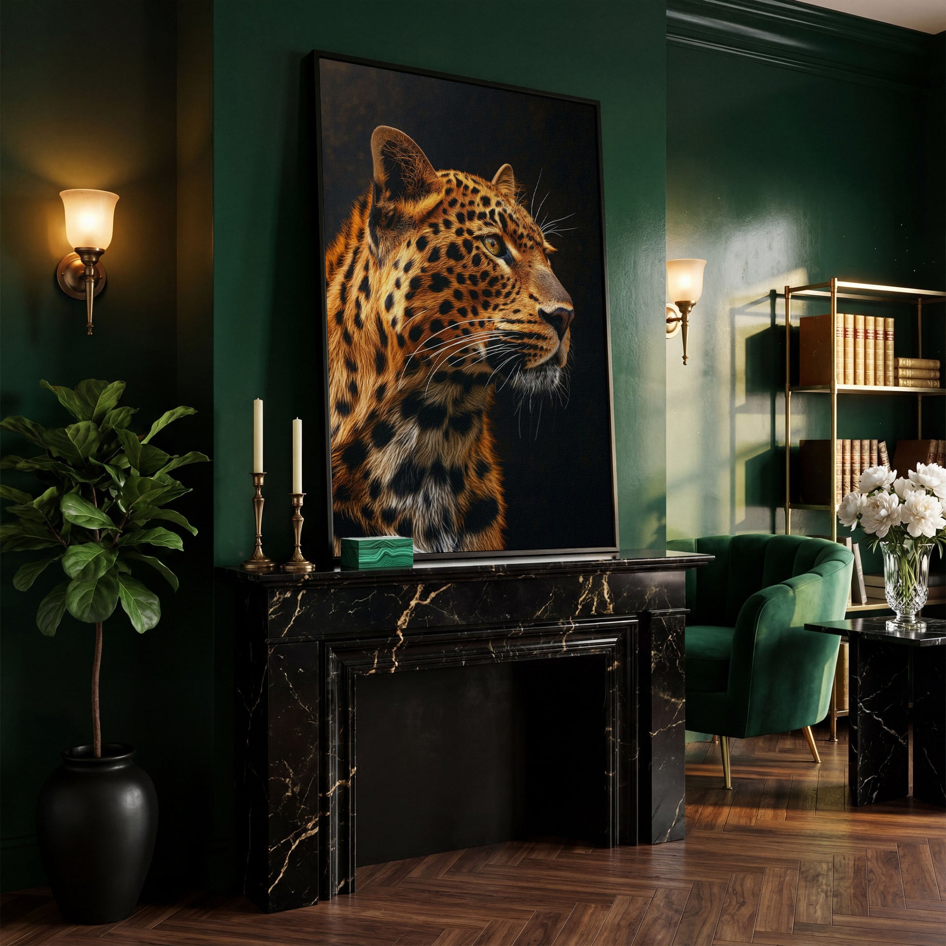 Leopard's Intense Gaze Canvas Print in black floating frame