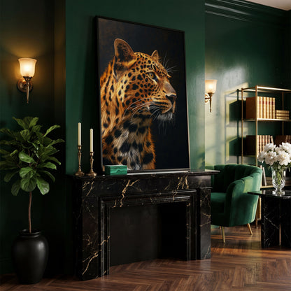 Leopard's Intense Gaze Canvas Print in black floating frame