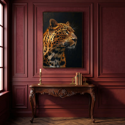 Leopard's Intense Gaze Canvas Print in dark walnut floating frame