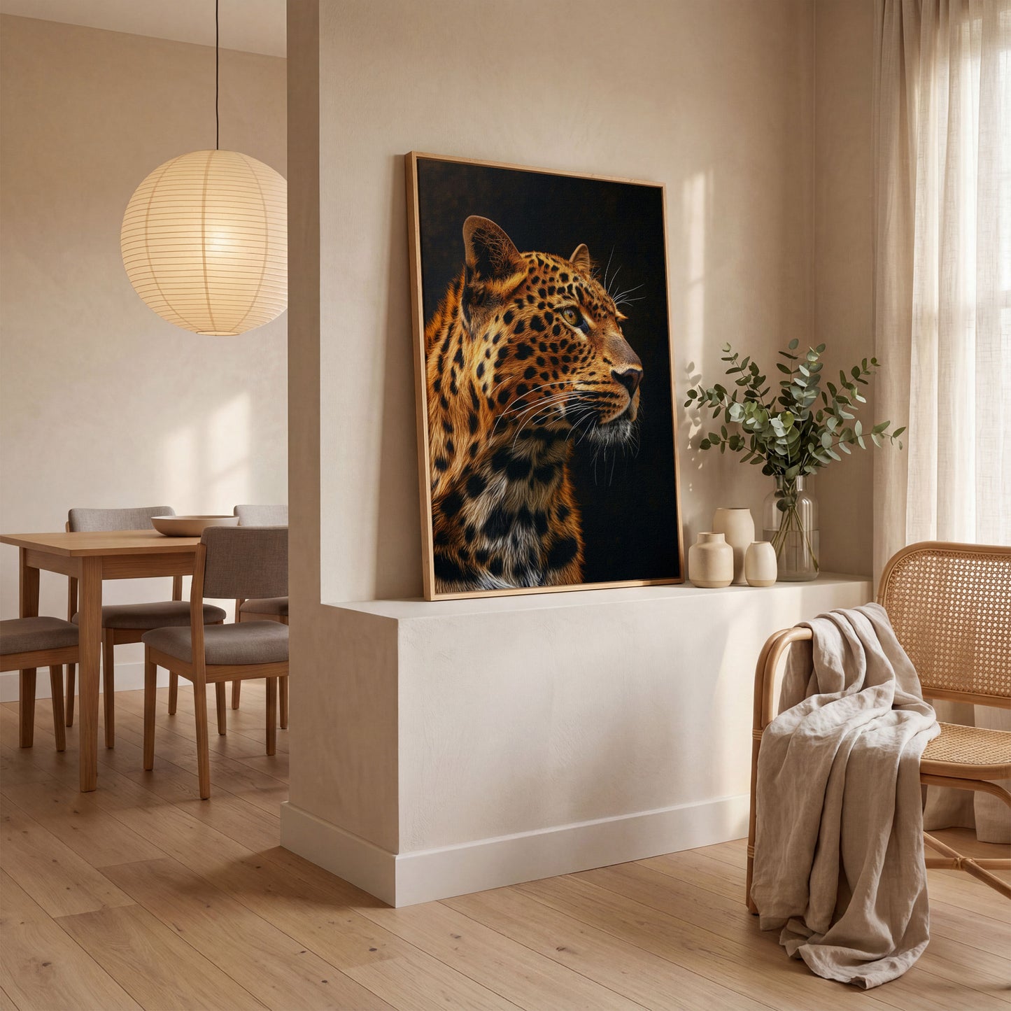 Leopard's Intense Gaze Canvas Print in white oak floating frame