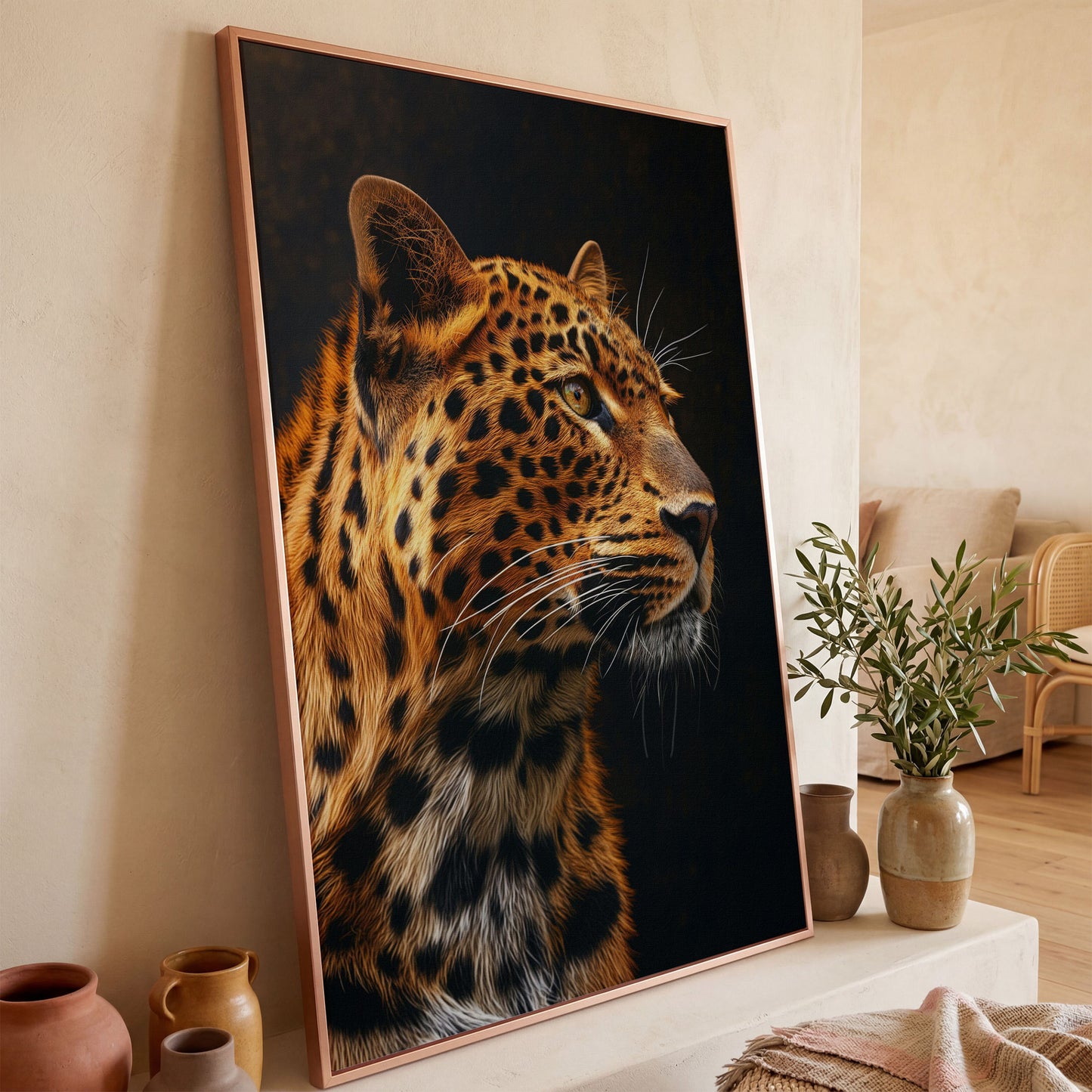 Leopard's Intense Gaze Canvas Print in rose gold floating frame
