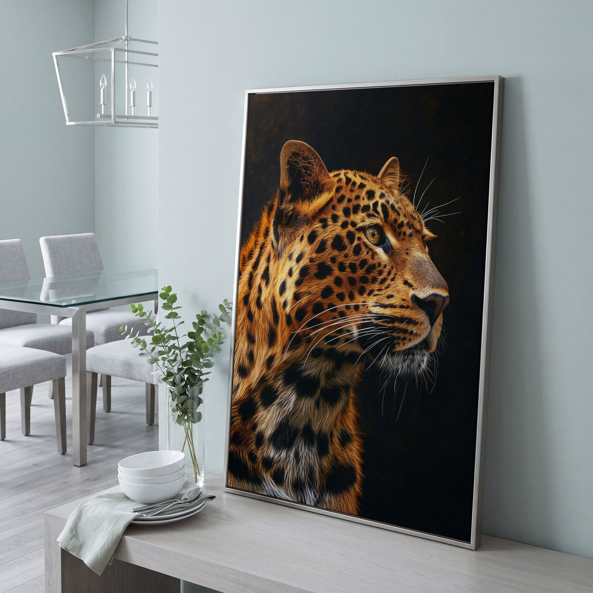 Leopard's Intense Gaze Canvas Print in silver floating frame