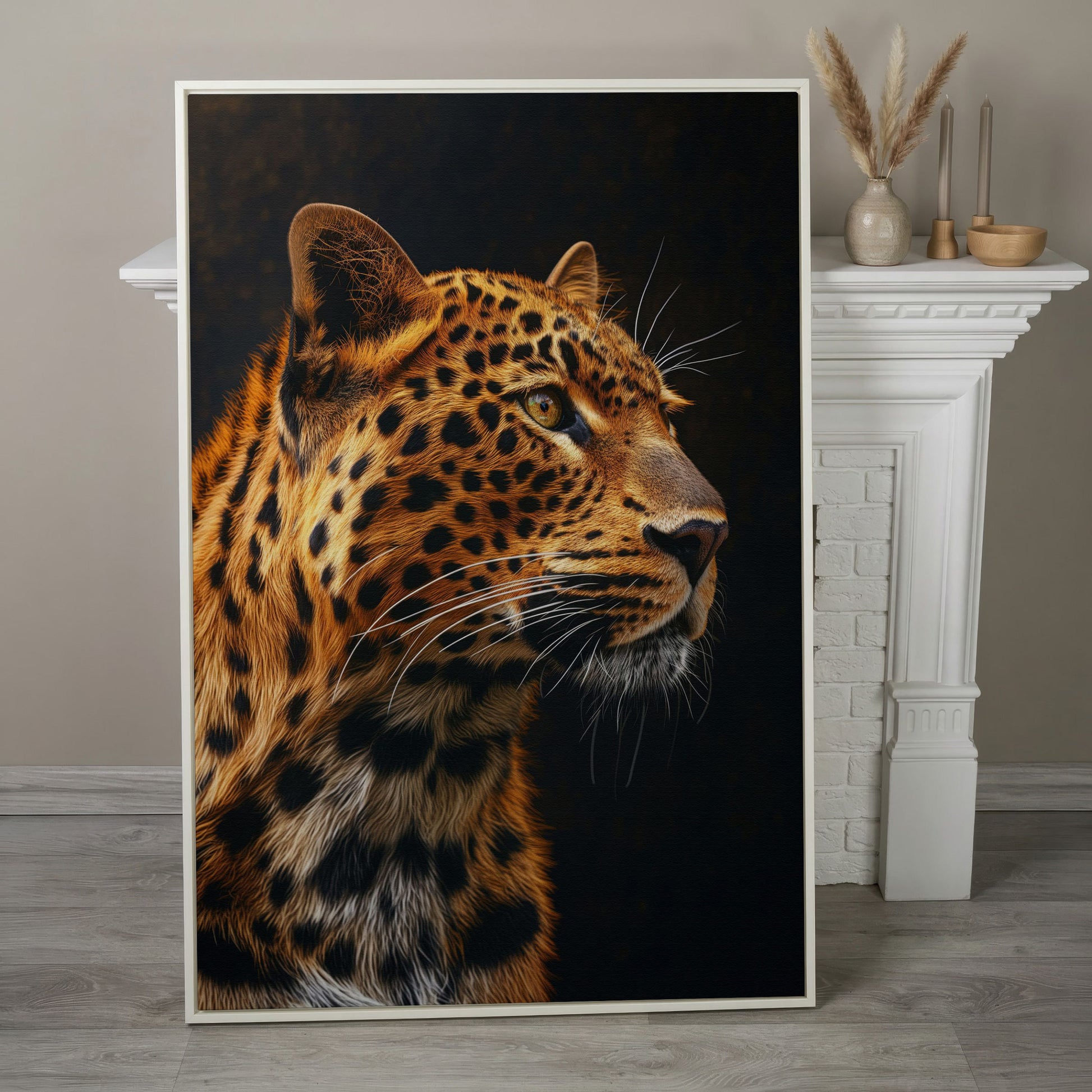 Leopard's Intense Gaze Canvas Print in white floating frame