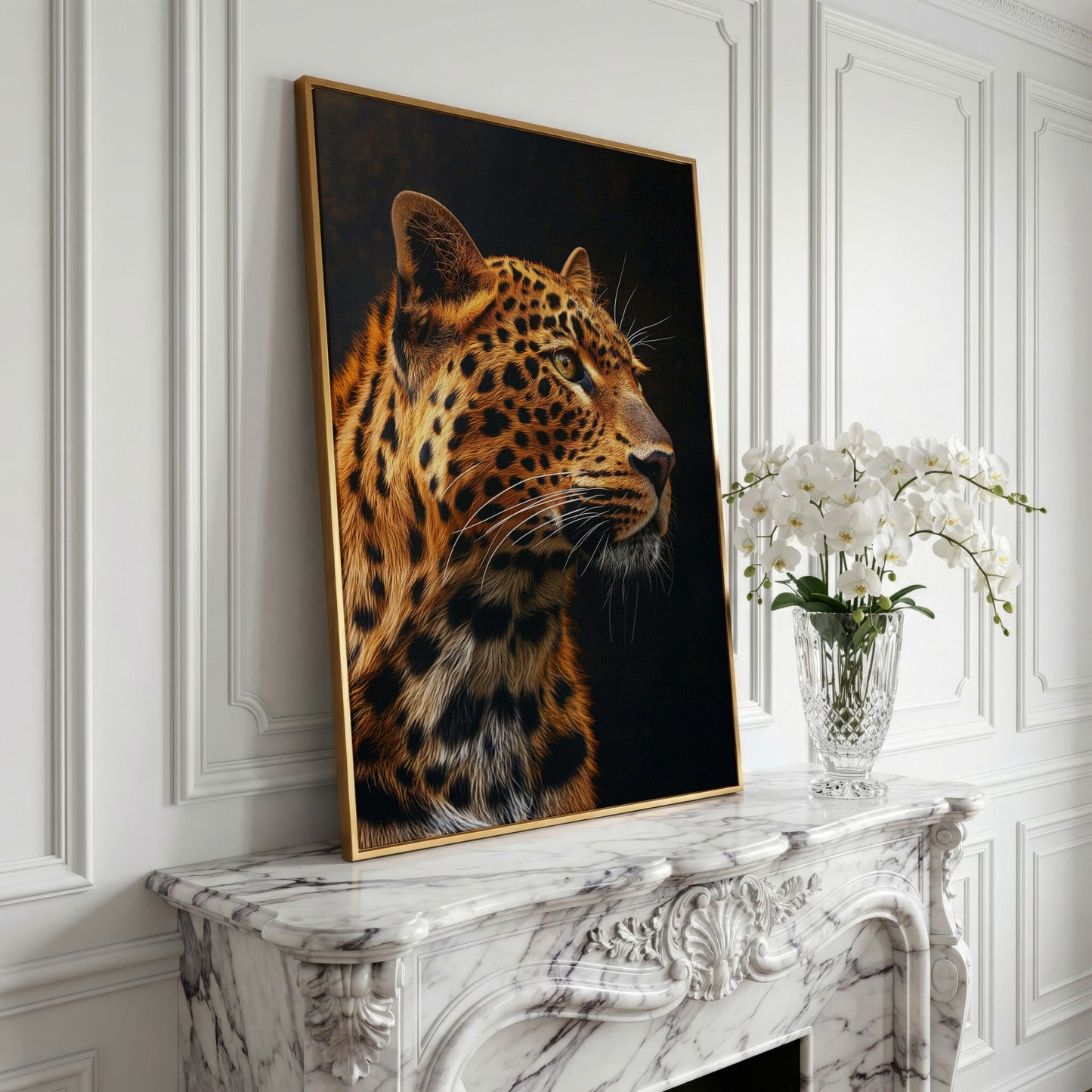 Leopard's Intense Gaze Canvas Print in yellow gold floating frame