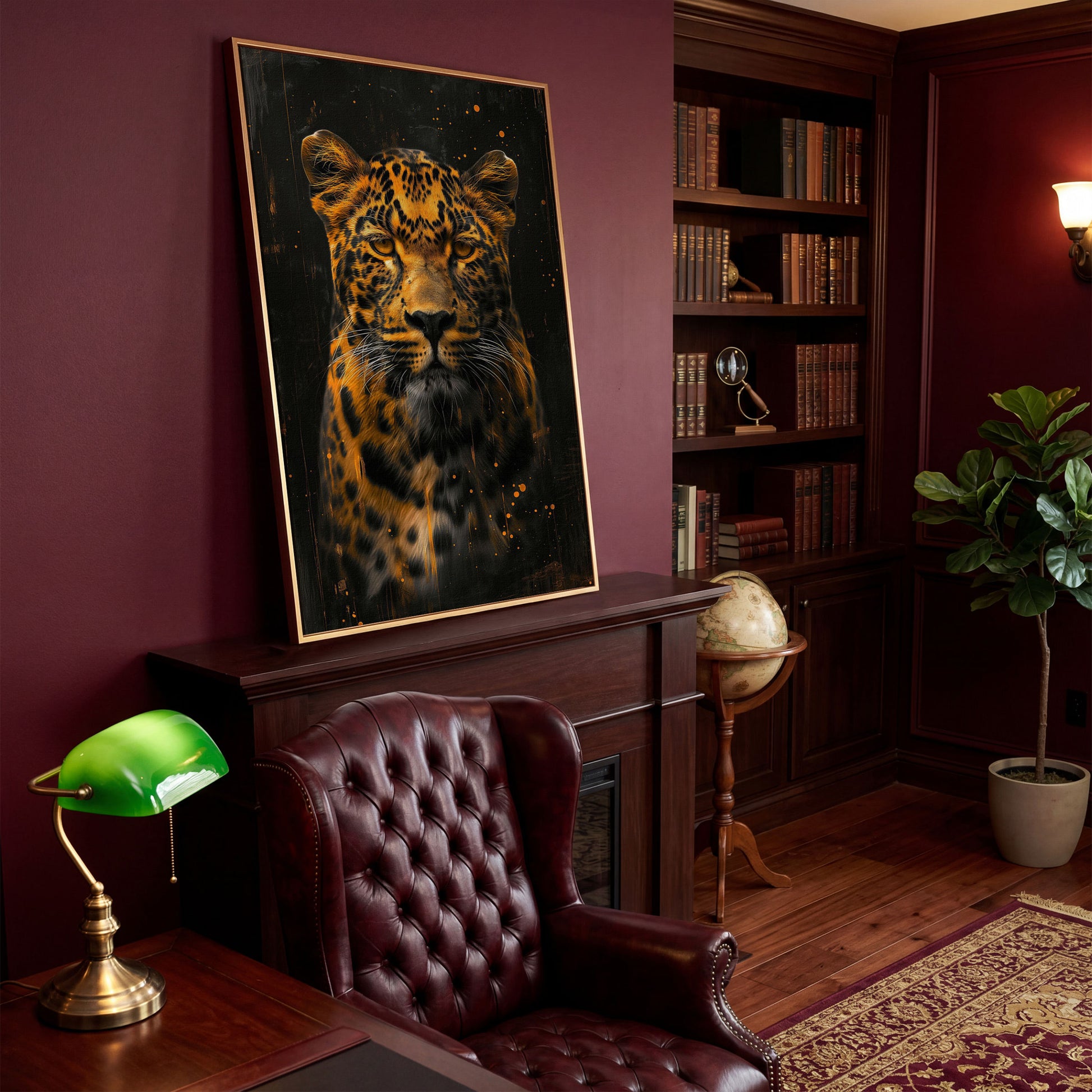 Abstract Leopard Canvas Print in Amber and Charcoal in antique gold floating frame