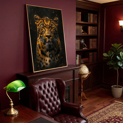 Abstract Leopard Canvas Print in Amber and Charcoal in antique gold floating frame