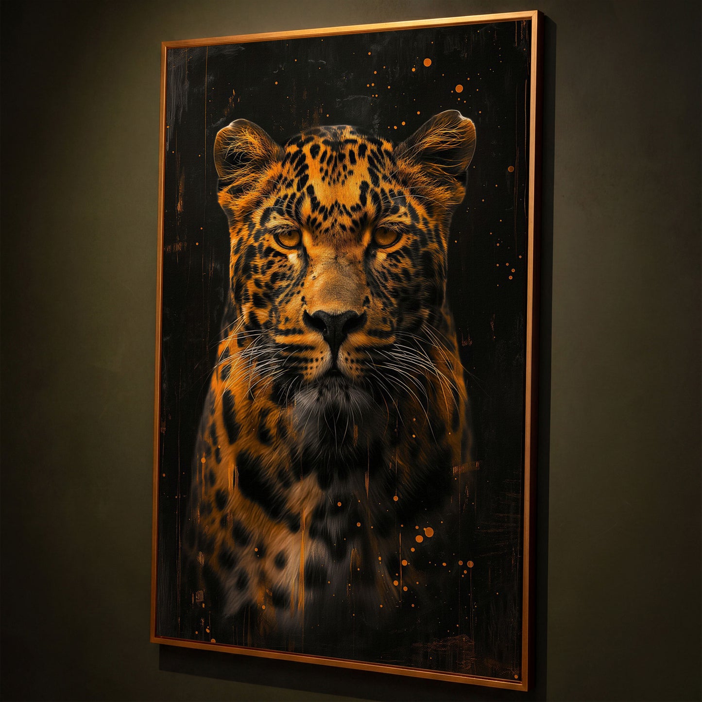Abstract Leopard Canvas Print in Amber and Charcoal shown in antique gold floating frame