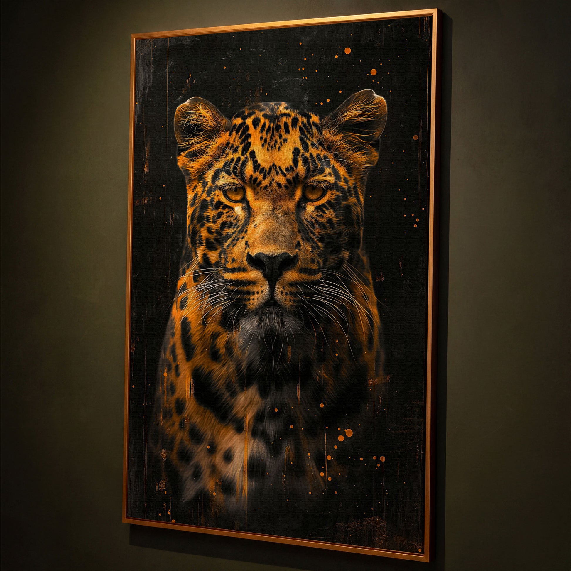 Abstract Leopard Canvas Print in Amber and Charcoal shown in antique gold floating frame