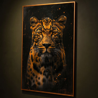 Abstract Leopard Canvas Print in Amber and Charcoal shown in antique gold floating frame