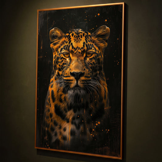 Abstract Leopard Canvas Print in Amber and Charcoal shown in antique gold floating frame