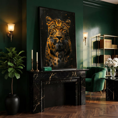 Abstract Leopard Canvas Print in Amber and Charcoal in black floating frame