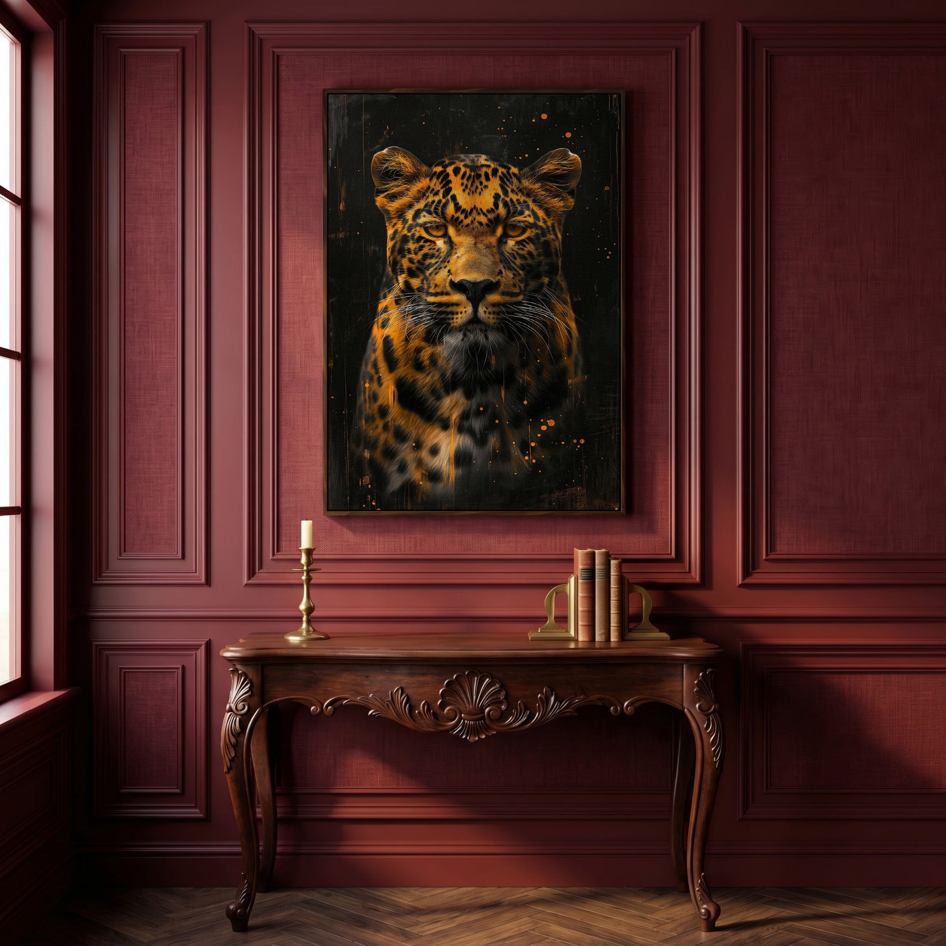 Abstract Leopard Canvas Print in Amber and Charcoal in dark walnut floating frame