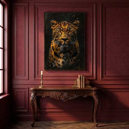 Abstract Leopard Canvas Print in Amber and Charcoal in dark walnut floating frame