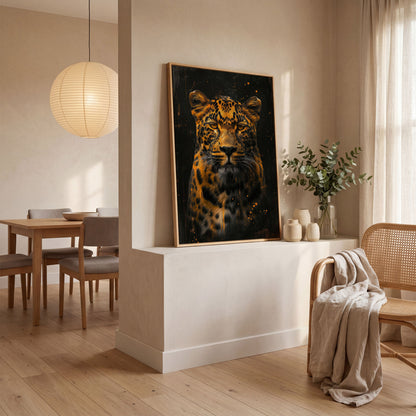 Abstract Leopard Canvas Print in Amber and Charcoal in white oak floating frame