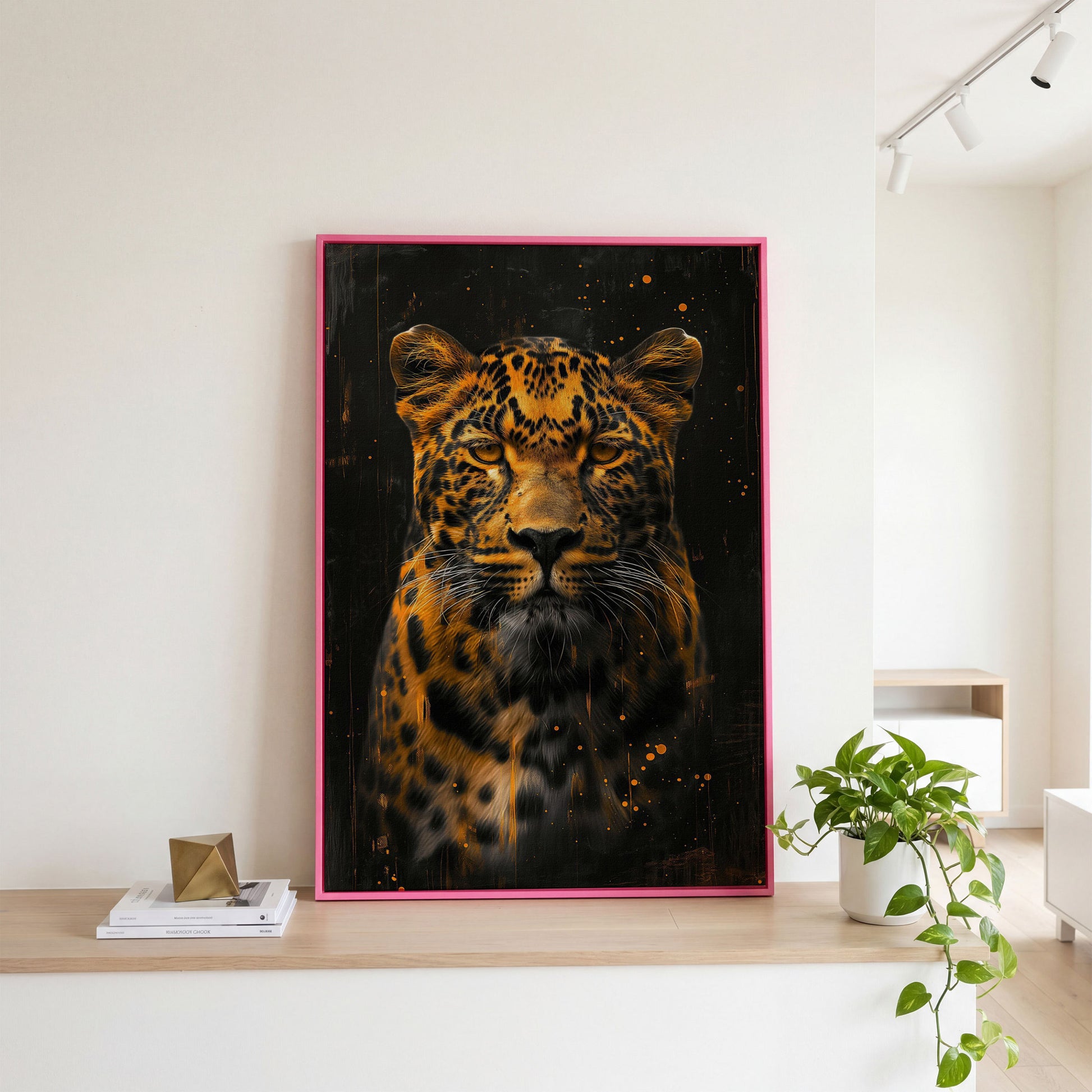 Abstract Leopard Canvas Print in Amber and Charcoal in pink floating frame