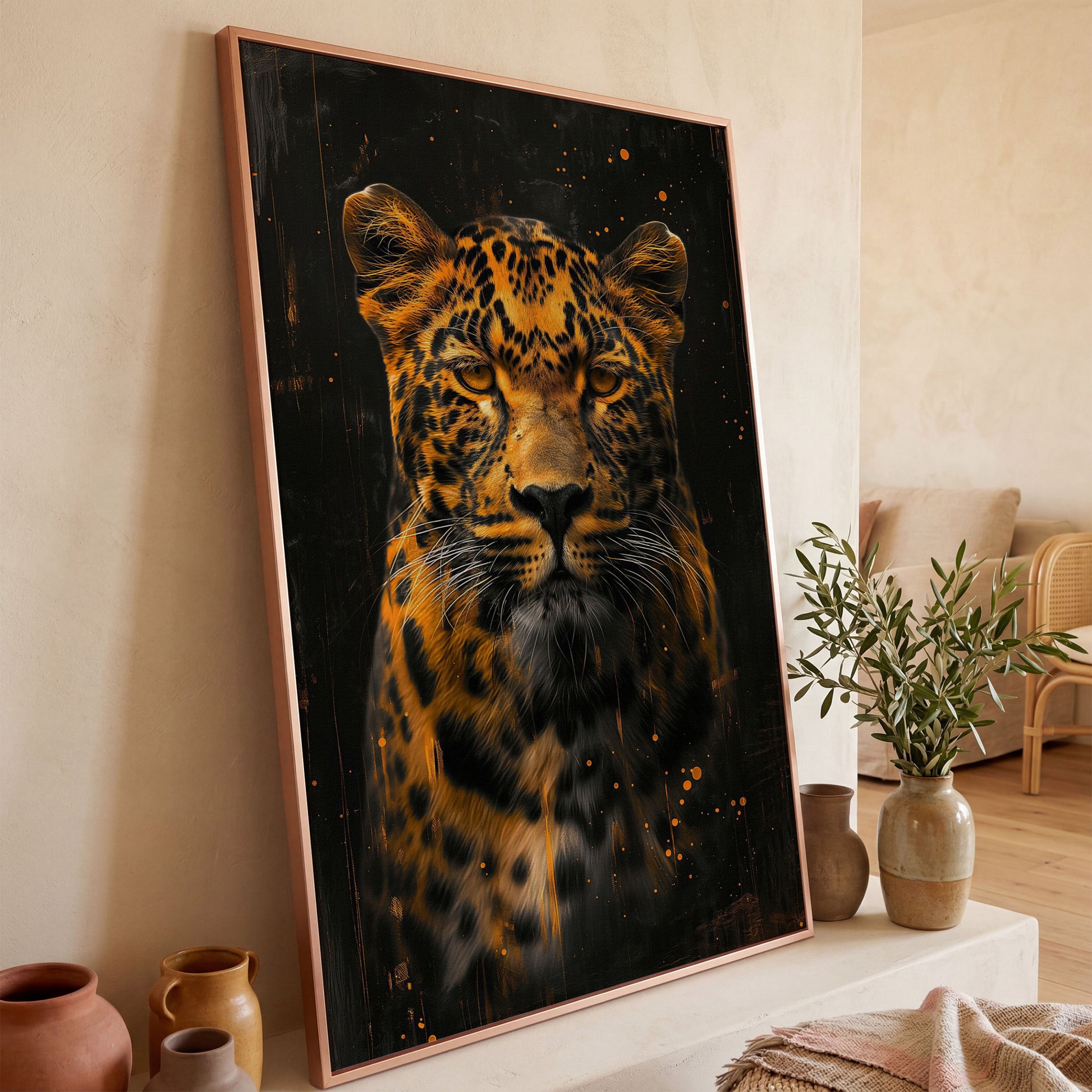 Abstract Leopard Canvas Print in Amber and Charcoal in rose gold floating frame