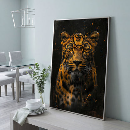 Abstract Leopard Canvas Print in Amber and Charcoal in silver floating frame