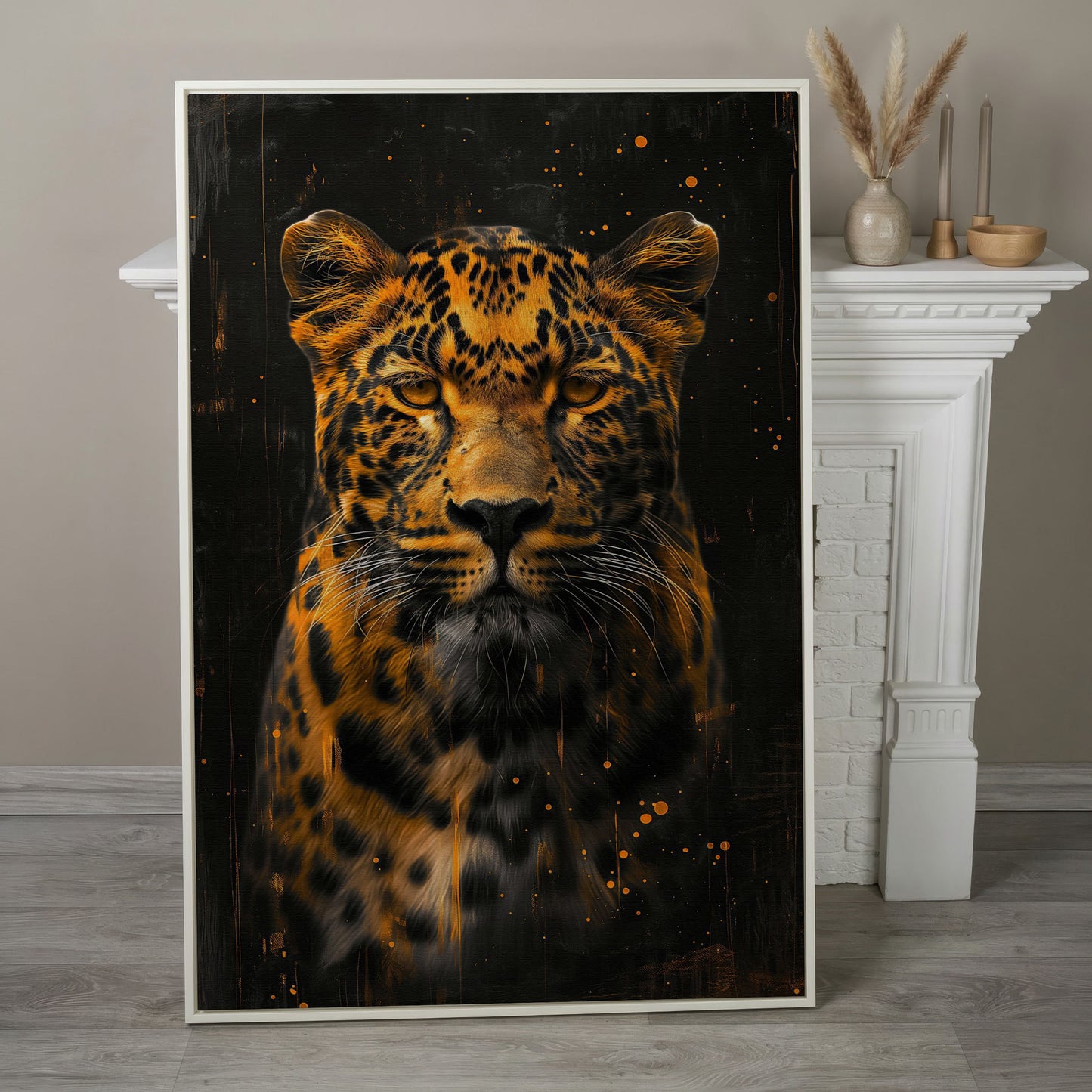 Abstract Leopard Canvas Print in Amber and Charcoal in white floating frame