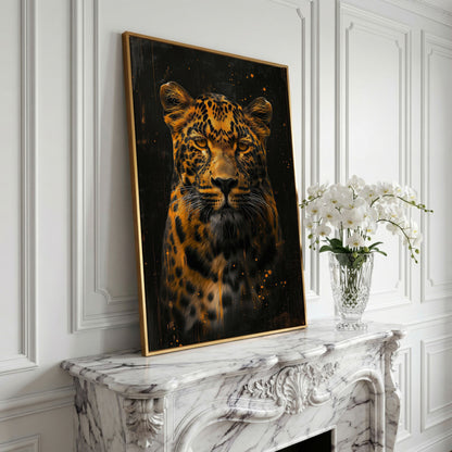 Abstract Leopard Canvas Print in Amber and Charcoal in yellow gold floating frame