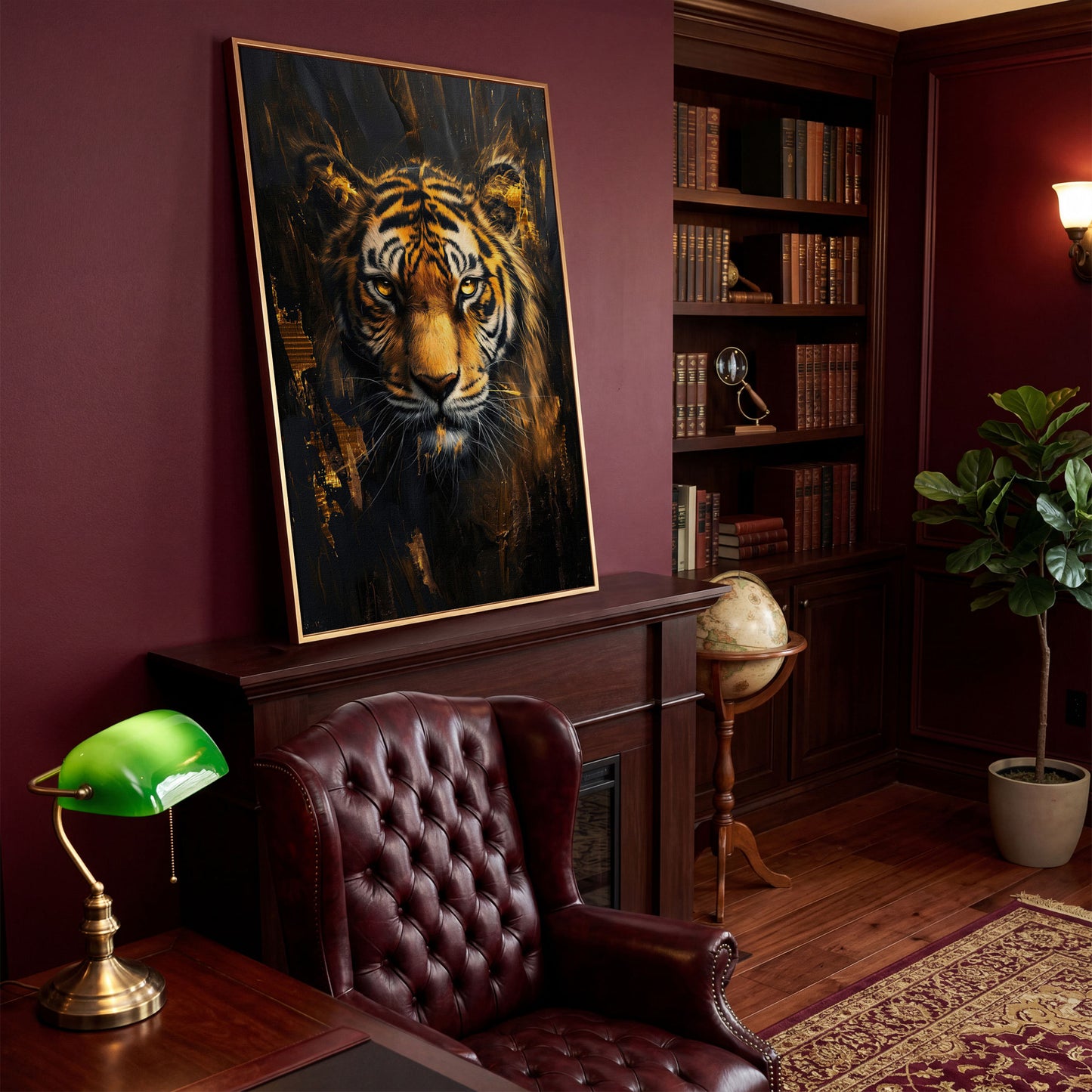 Golden Tiger Close-Up Canvas Print in antique gold floating frame