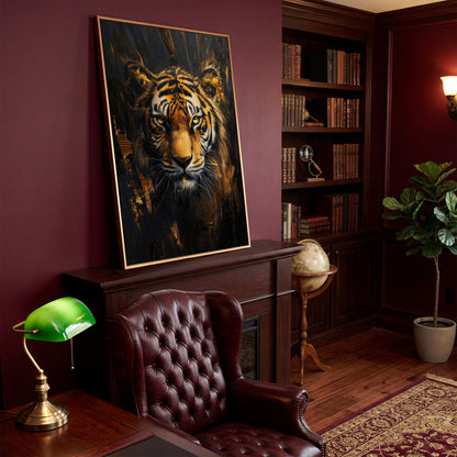 Golden Tiger Close-Up Canvas Print in antique gold floating frame
