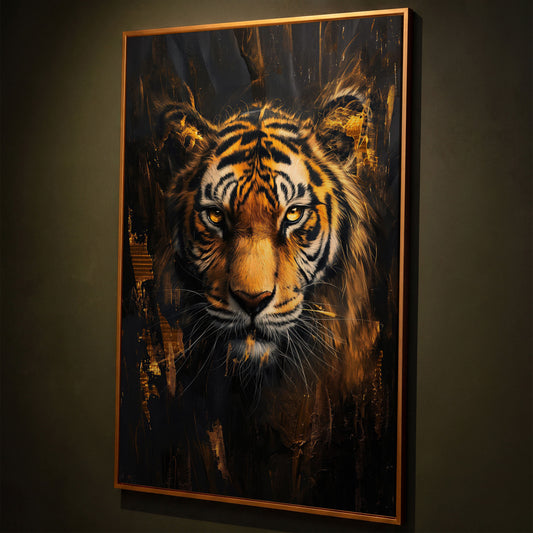 Golden Tiger Close-Up Canvas Print shown in antique gold floating frame