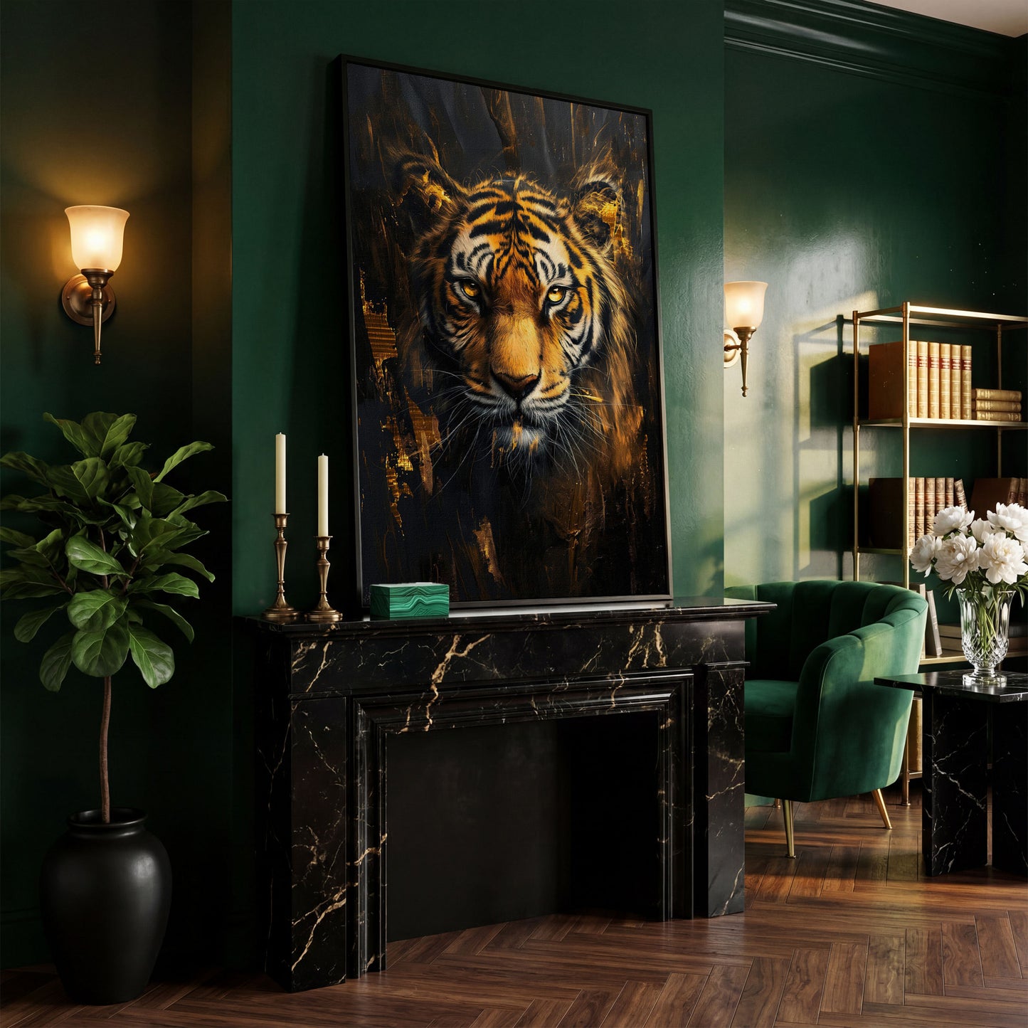 Golden Tiger Close-Up Canvas Print in black floating frame