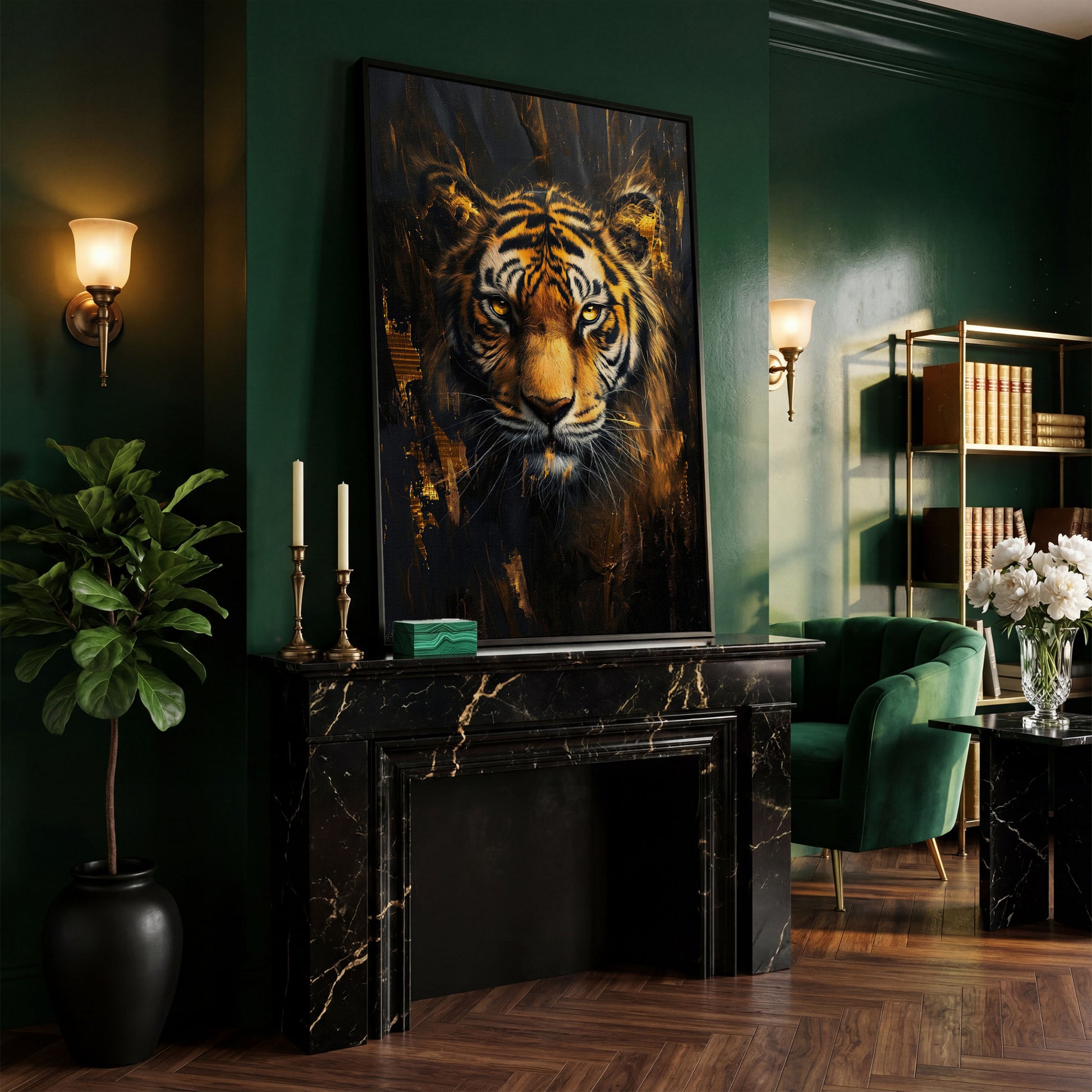 Golden Tiger Close-Up Canvas Print in black floating frame