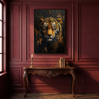 Golden Tiger Close-Up Canvas Print in dark walnut floating frame