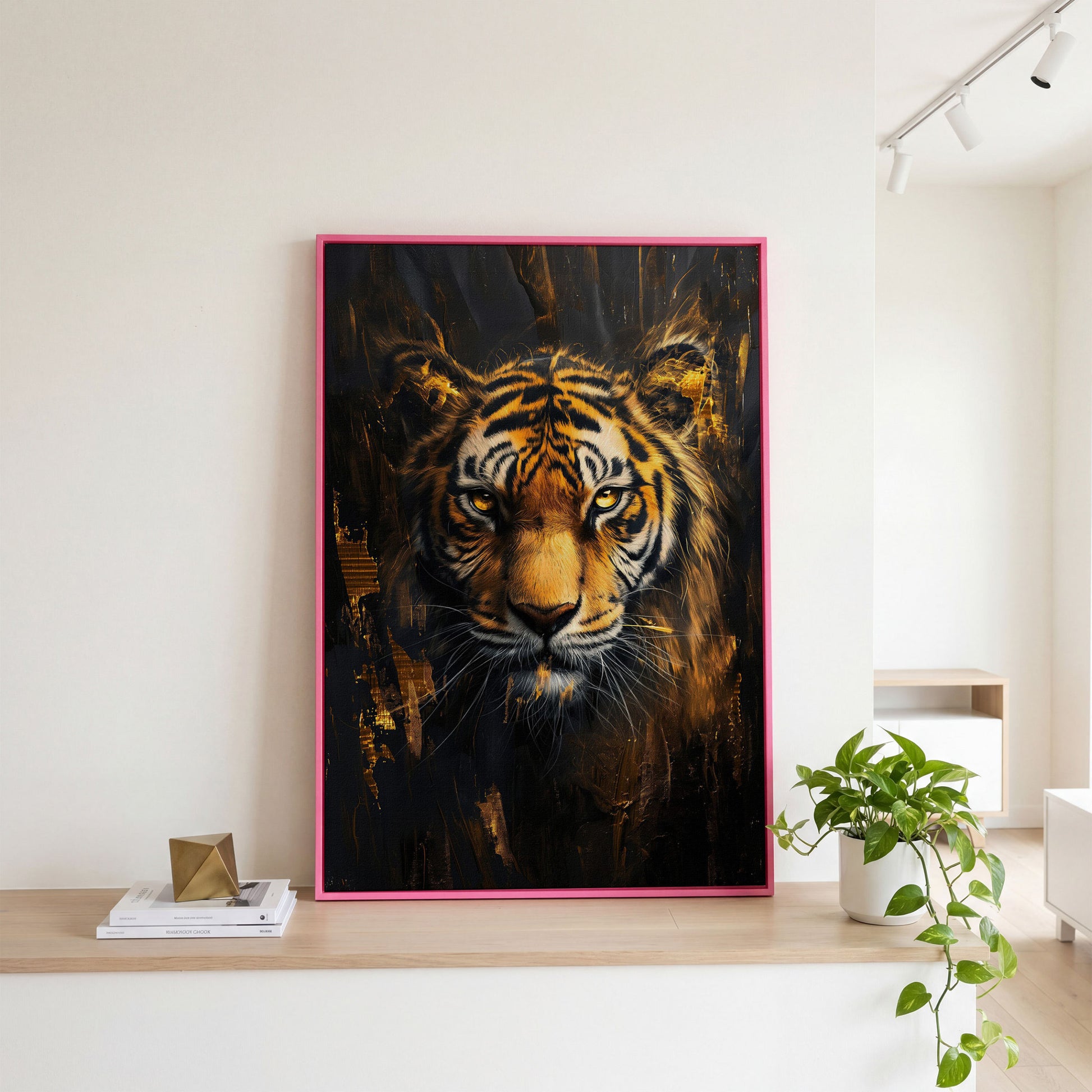 Golden Tiger Close-Up Canvas Print in pink floating frame