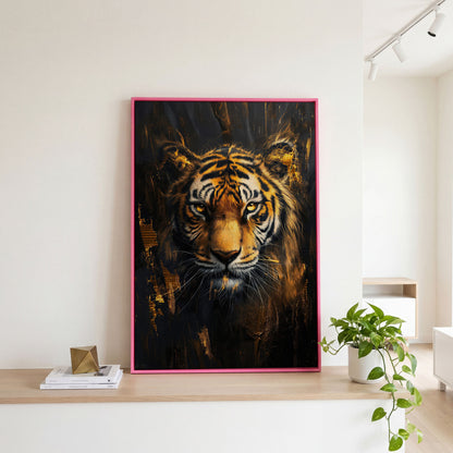 Golden Tiger Close-Up Canvas Print in pink floating frame