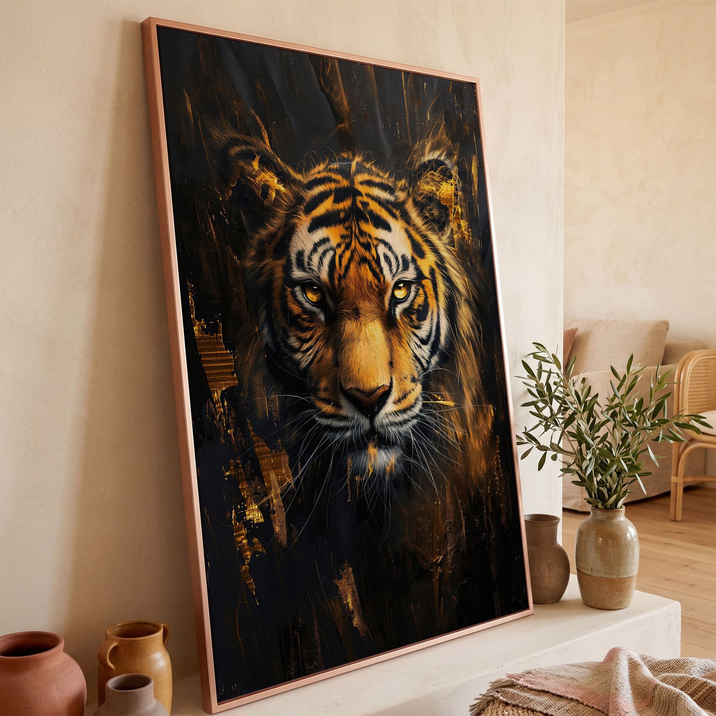 Golden Tiger Close-Up Canvas Print in rose gold floating frame
